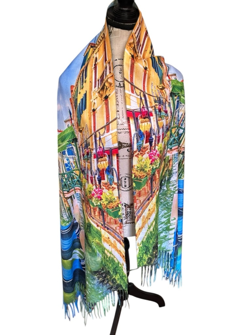 Reversible Venice Italy Scenic Fringe Oversized Scarf NWT Raw Hem 24x72 Art Wear - Picture 6 of 16